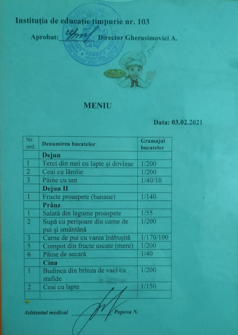Alimentatea copiilor din IET nr.103 conform Meniului -model (iarnă-primăvară)